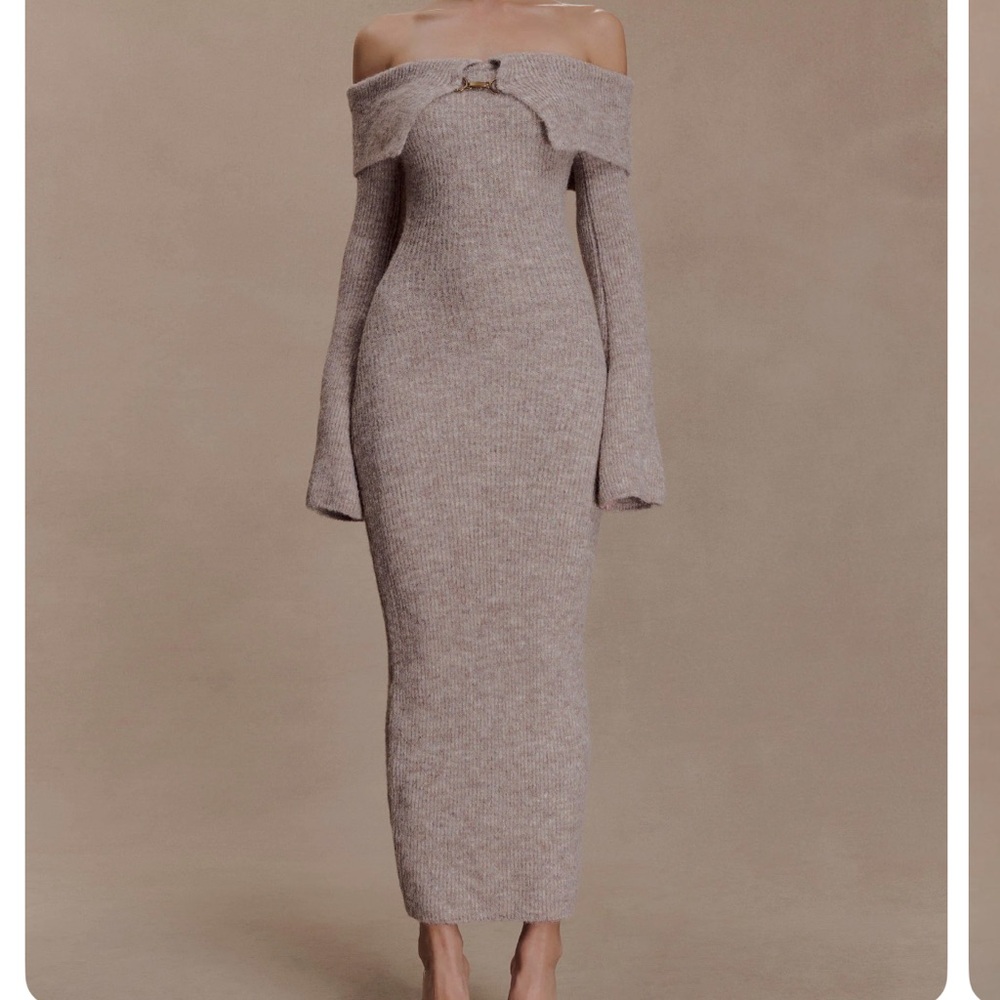Meshki Off-Shoulder Knit Dress in Taupe
